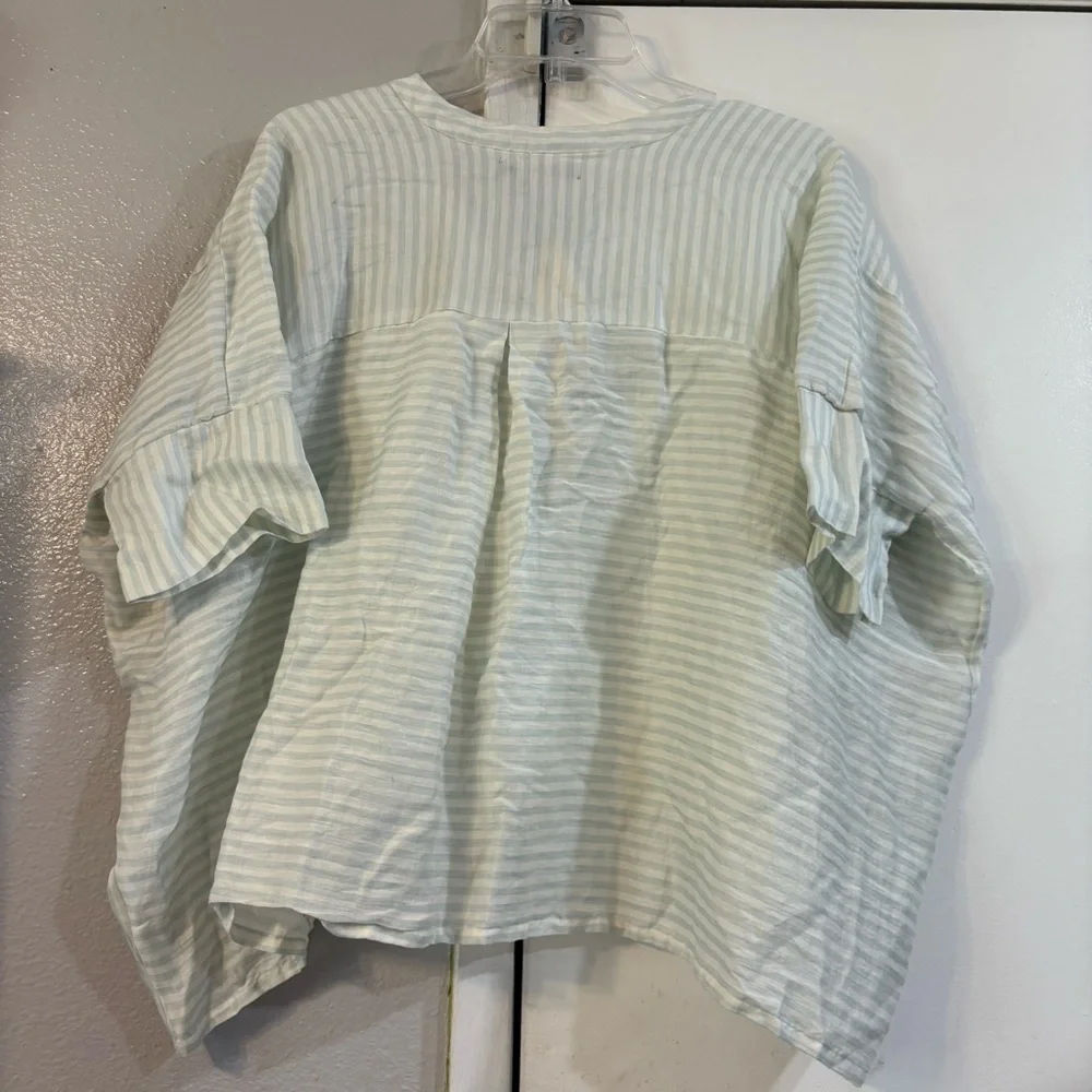 Humanoid Striped Mint Oversized Blouse Pop Over Linen Silk Lagenlook Beachy M